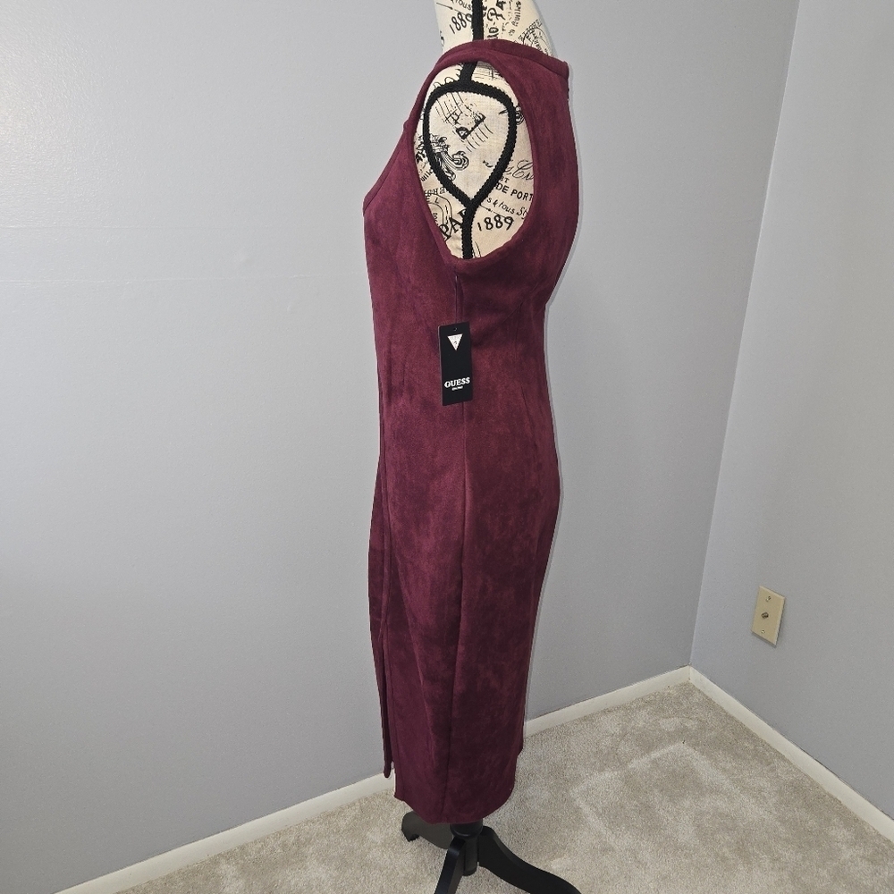 Guess Red Bodycon Midi Dress Crew Neck Faux Suede Size 6  NWT - Picture 3 of 10